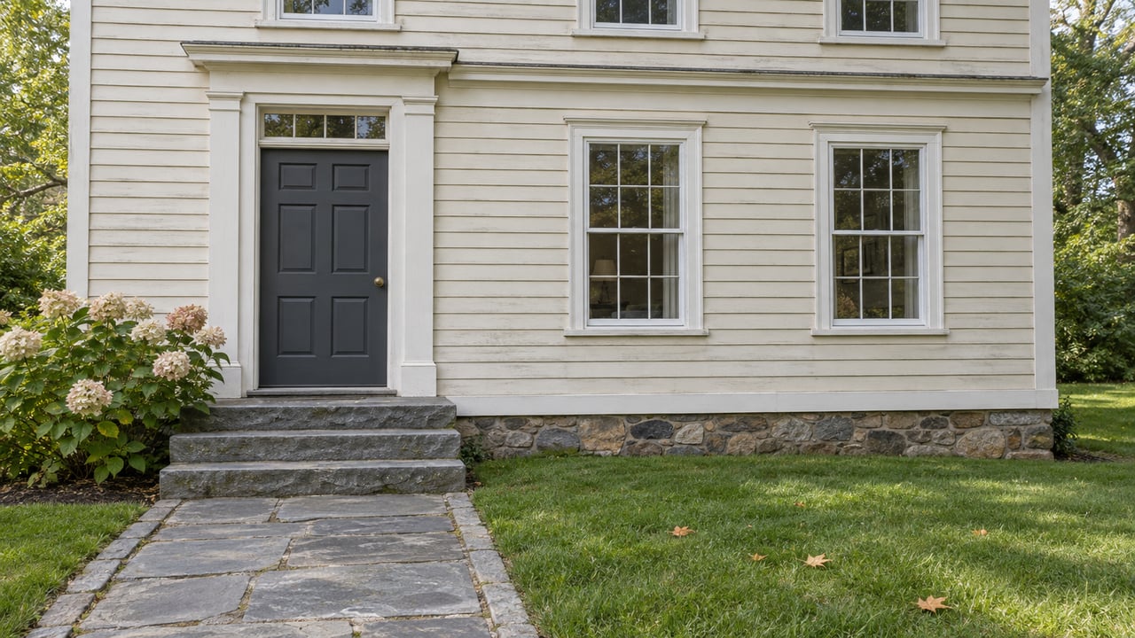 Ivory clapboard home with divided-light windows, charcoal entry door, weathered bluestone steps and flowering hydrangea beside a green lawn.