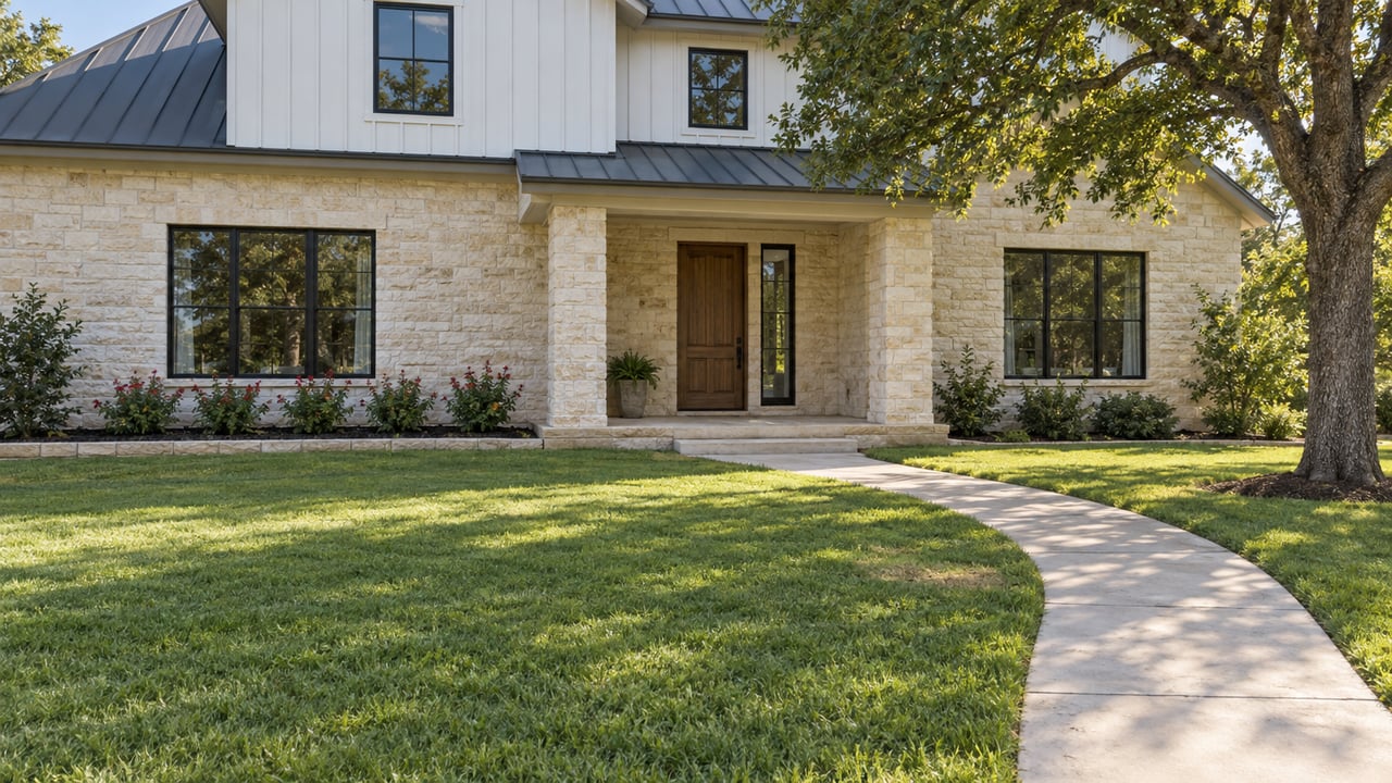 Morning light on a limestone and white-sided home with black-framed windows, a deep lawn, and a mature oak.