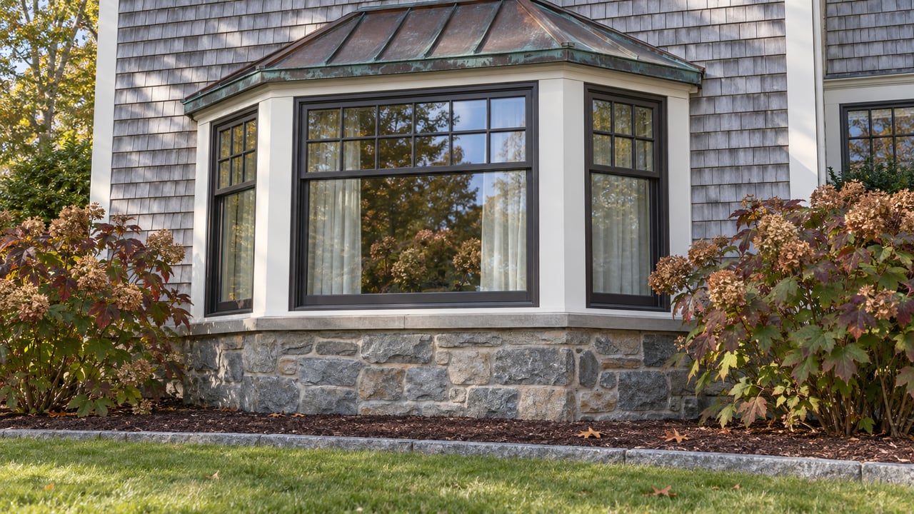 A projecting bay window beneath an aged copper roof, surrounded by cedar shingles, fieldstone and autumn oakleaf hydrangeas.