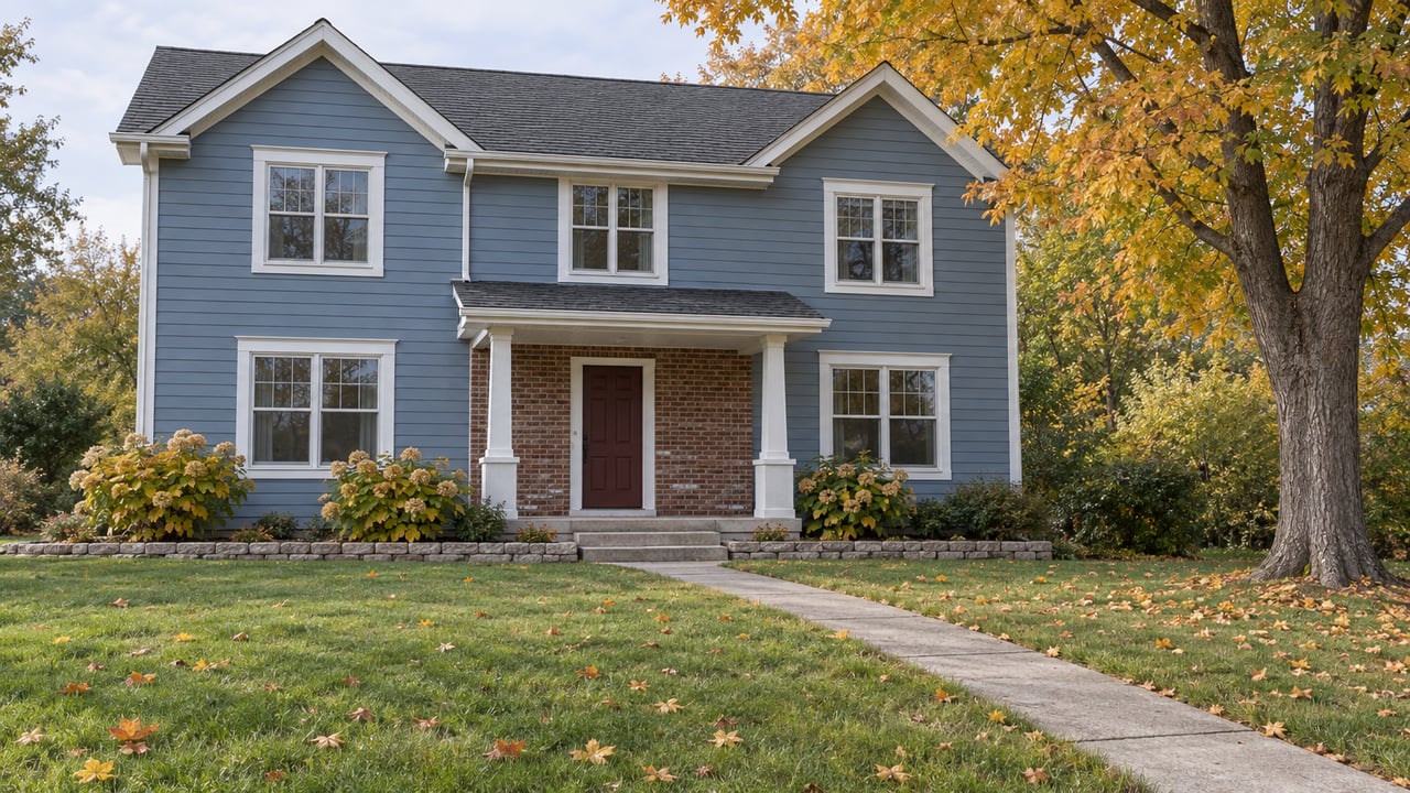 A muted-blue two-story house with white trim, a brick entry, a deep autumn lawn and a yellow-orange sugar maple.