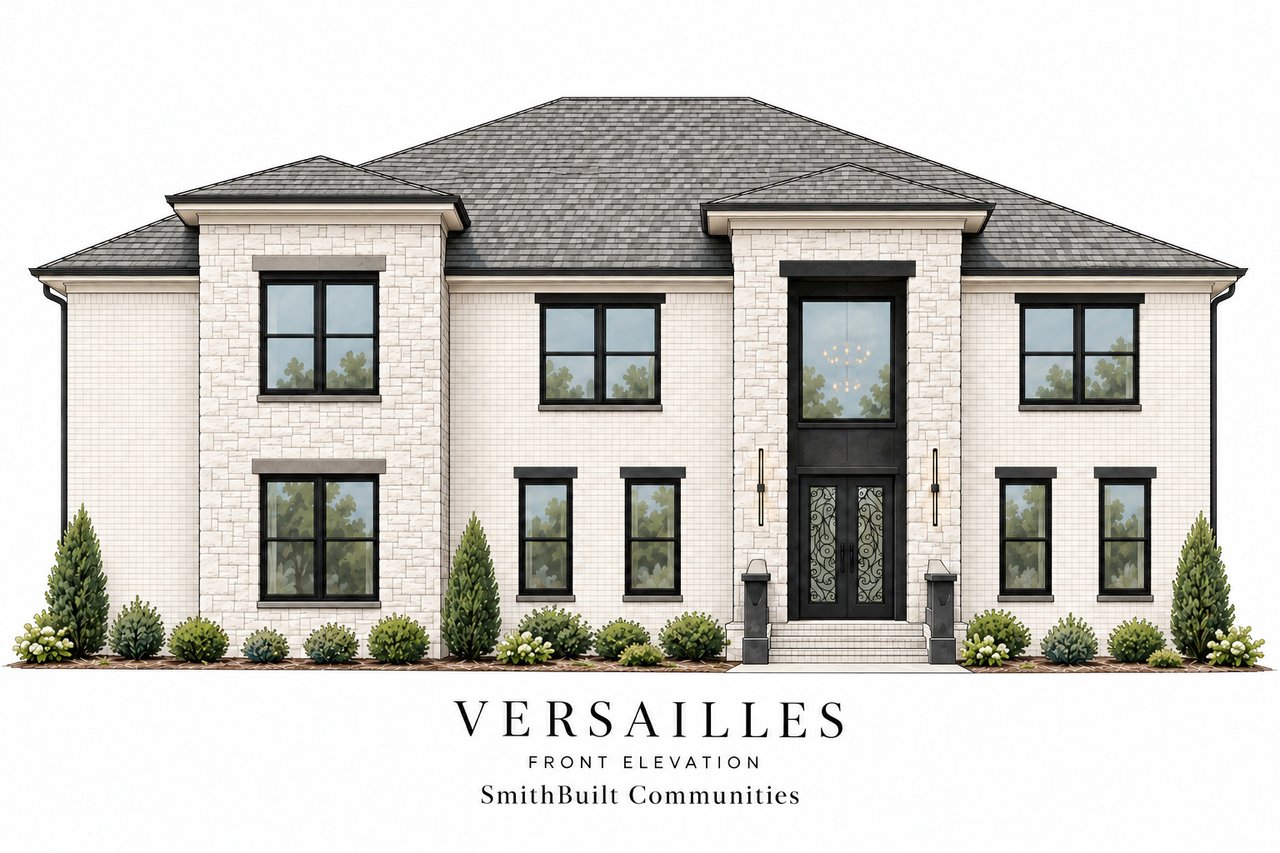 Versailles home front elevation with white brick and stone façade and a central entry.