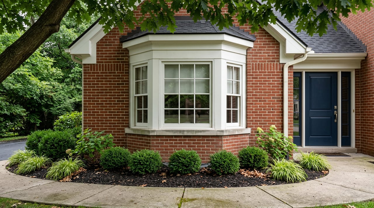 Brick facade with a projecting bay window, limestone trim, navy side door, and oak canopy.
