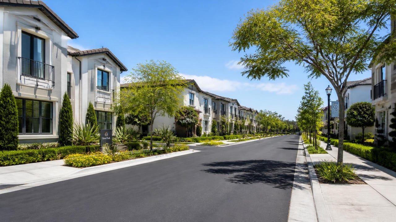 Residential street lined with modern townhomes, landscaped gardens, and leafy trees.