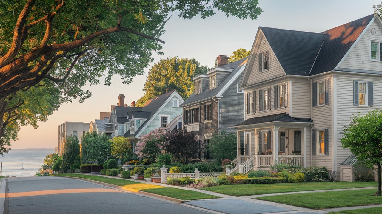 Large coastal homes with porches line a landscaped street beside the ocean, beneath a sweeping tree.