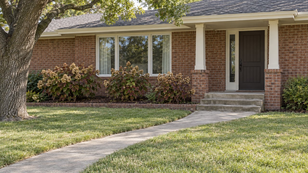 A brick ranch entry with a curving concrete walk, deep lawn, mature white oak and oakleaf hydrangeas in soft daylight.