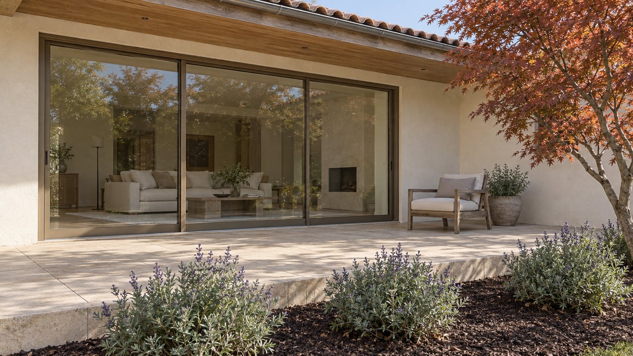 Warm stucco home with a sheltered limestone terrace, bronze-framed glazing, teak chair and a russet-leaved Japanese maple.
