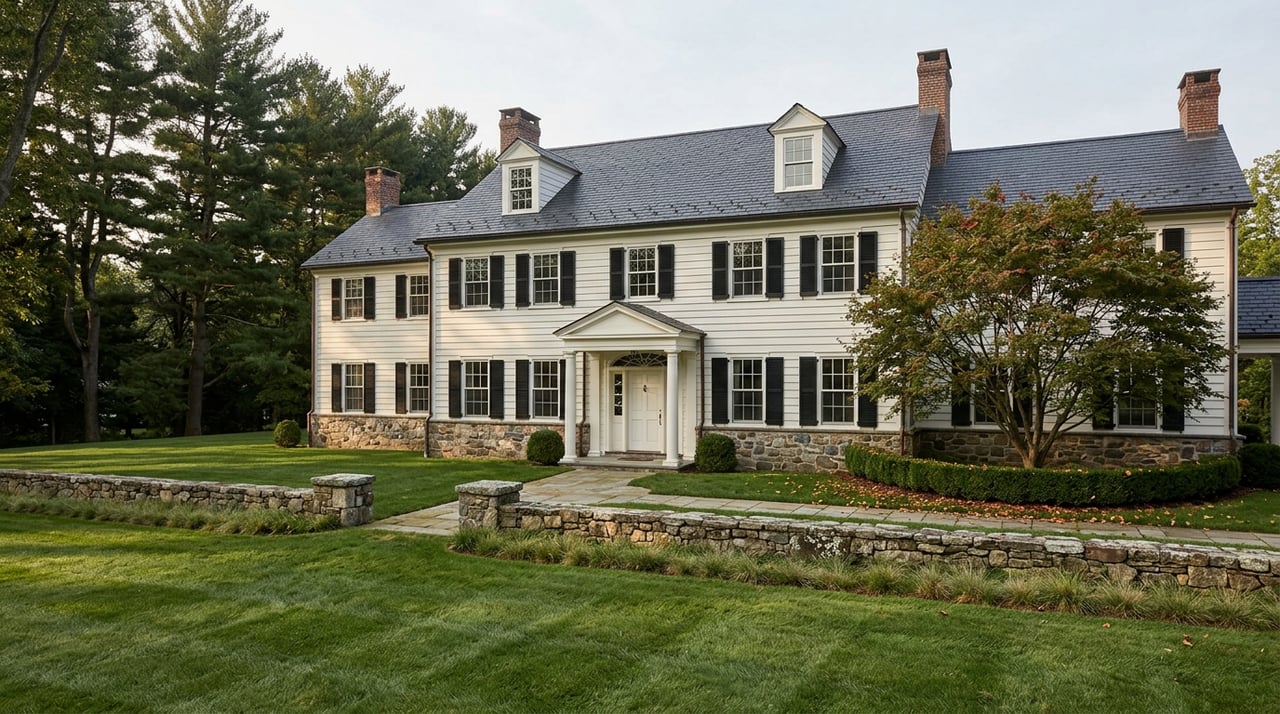 Colonial home with white clapboard, stone foundation, slate roof, fieldstone wall, and red-tipped maple.
