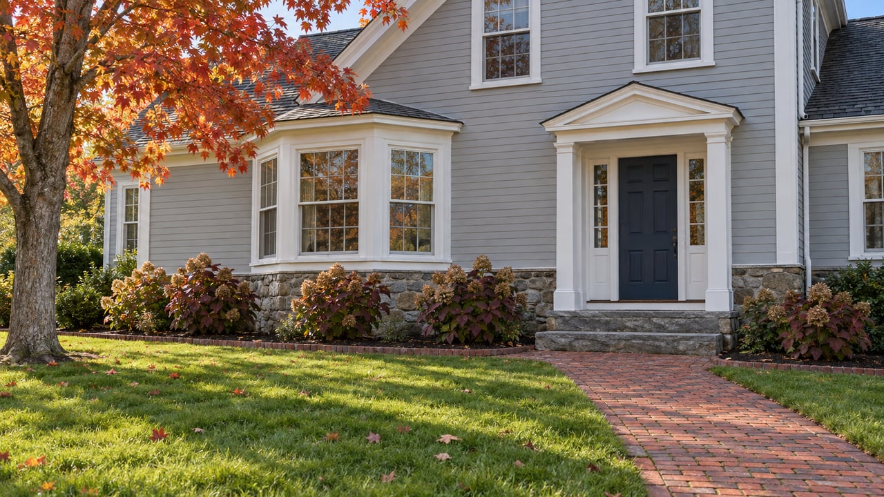 Pale-gray clapboard home with a stone foundation, brick approach and red-orange maple above a broad autumn lawn.
