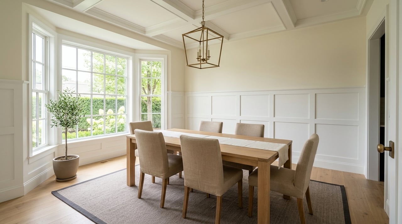 Formal dining room with a bay window, white wainscoting, and oak furnishings.