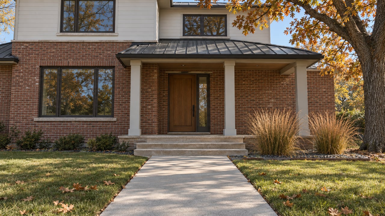 Updated brick home with an oak entry door, sandstone porch steps, autumn oak branches and a broad concrete front walk.