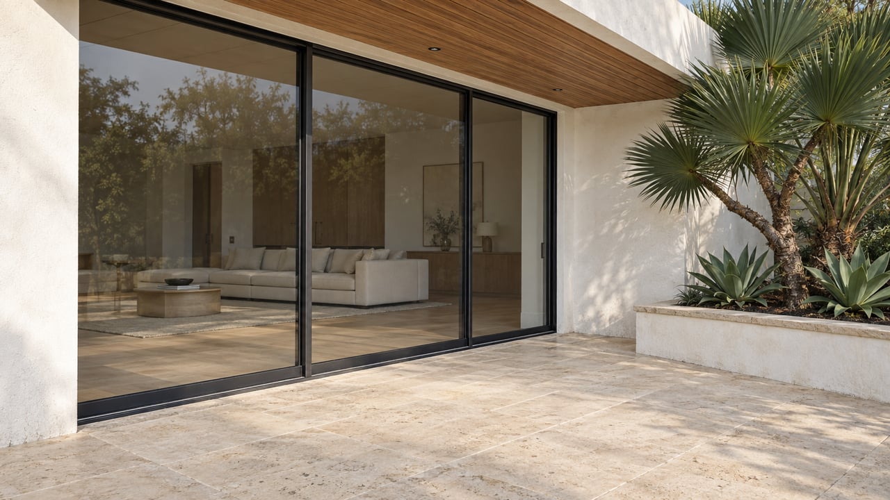 Coastal home terrace with a black-framed glass door, limestone paving, and sculptural fan-leaf plants.