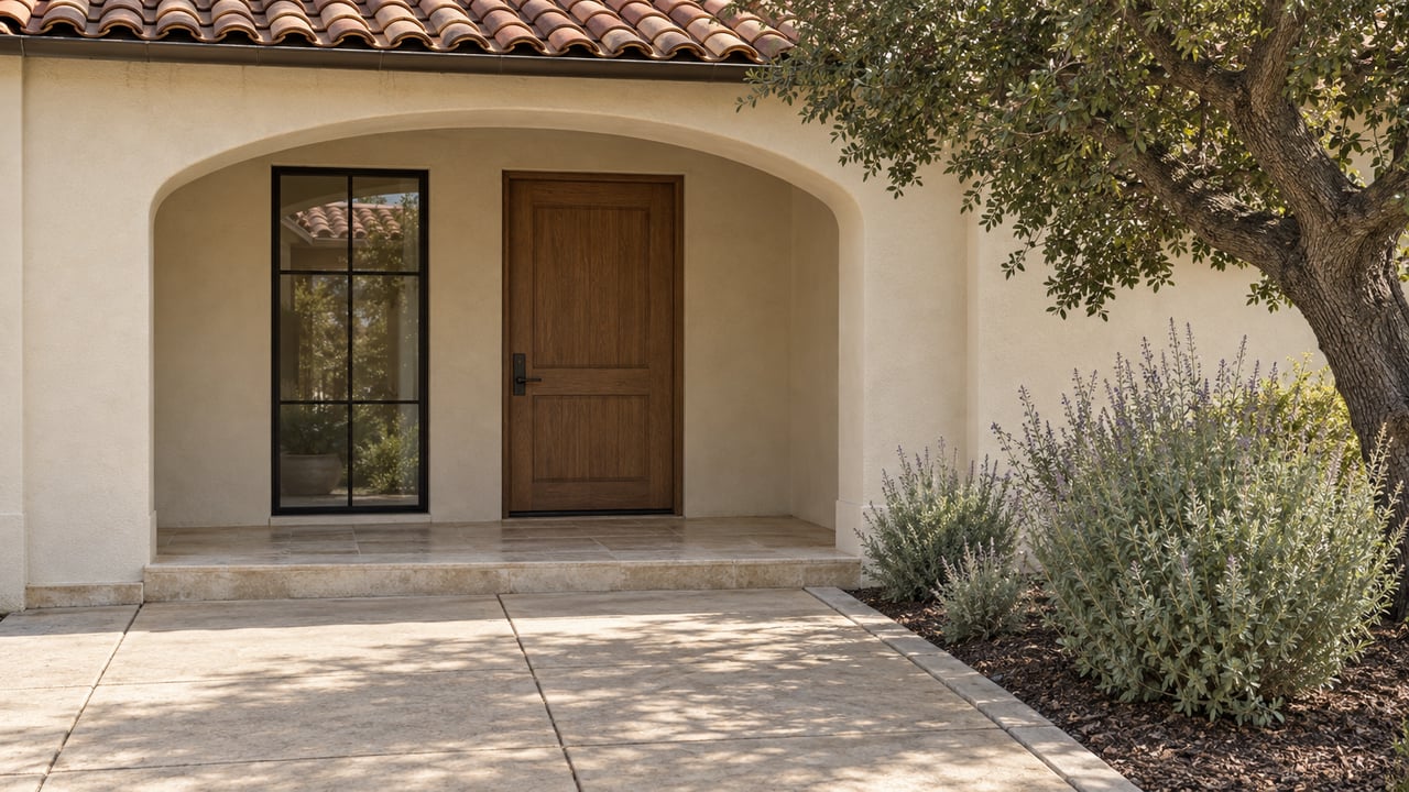 Cream stucco home with a clay tile roof, arched entry porch, oak door, limestone step and silver-green sage beside the approach.