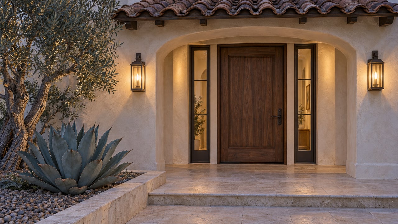 Blue-hour close view of a walnut front door, bronze lanterns, cream stucco arch and limestone landing beside desert planting.