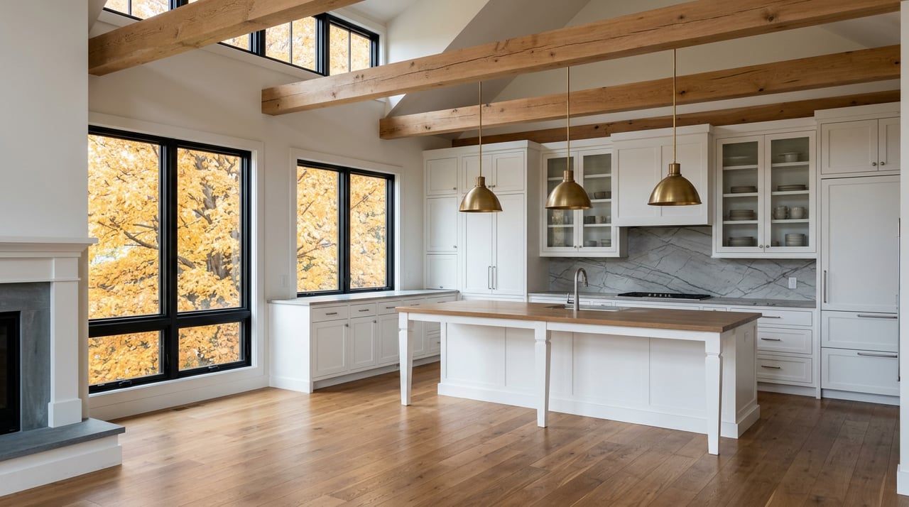 Kitchen and great room with exposed beams, brass pendants, veined backsplash, and golden maple outside.