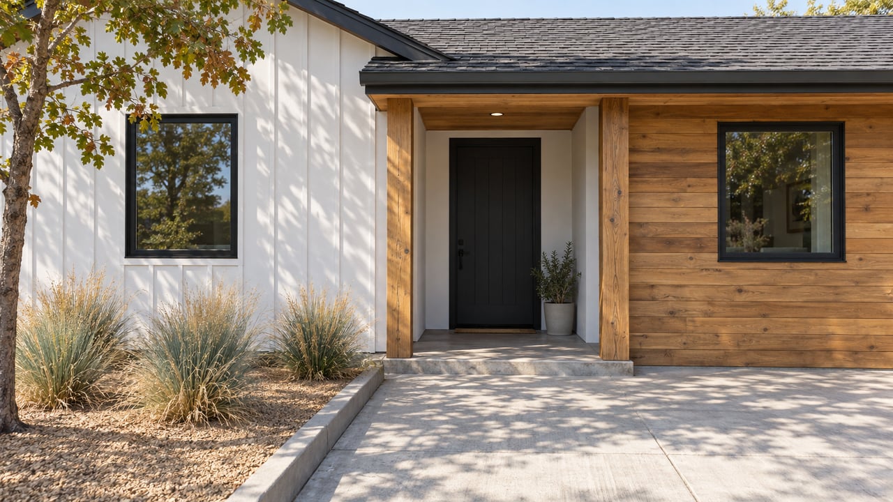 Compact home with white board-and-batten and cedar siding, recessed entry, and young oak beside the concrete approach.