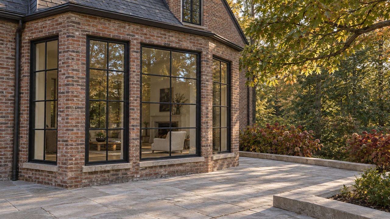 Brick house with a projecting bay of black-framed windows above a limestone terrace, shaded by an oak limb.