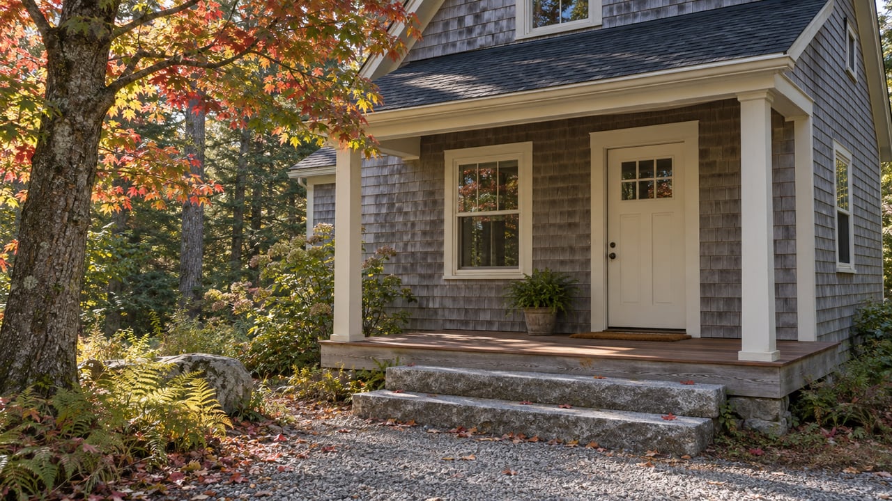 Weathered cedar-shingled cottage with a cream front door, granite steps, and red maple branches at left.
