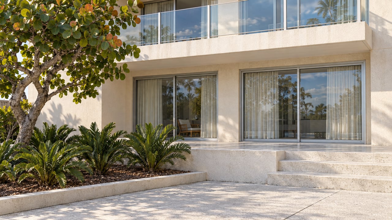 Light stucco condominium facade with closed glass doors, a raised concrete terrace and a sculptural sea-grape tree in morning light.