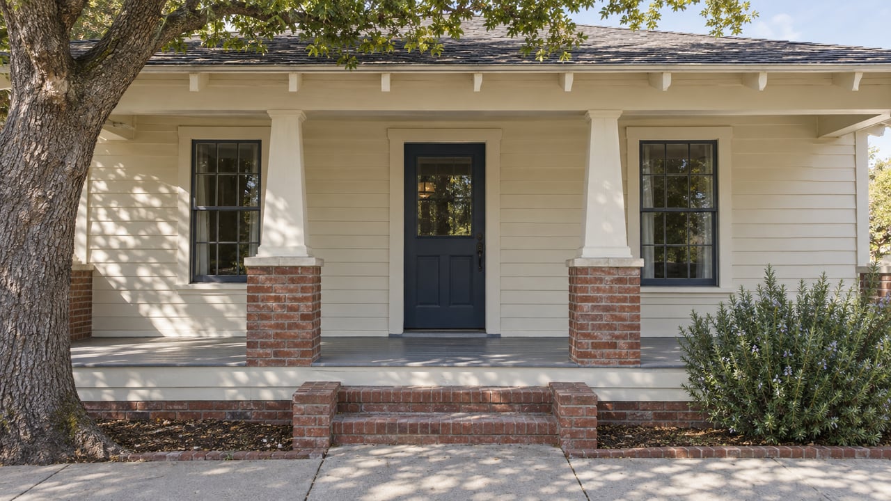 Ivory clapboard house with a blue entry door, brick steps, and a narrow planted bed.