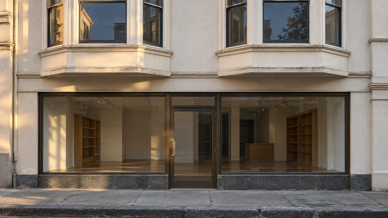 Cream stucco storefront beneath two floors of projecting bay windows, with a closed glass door and dark plinth.
