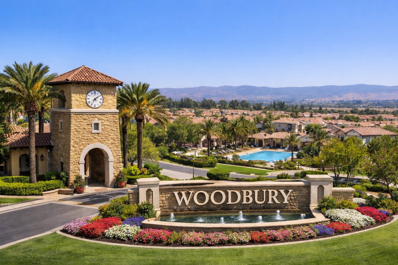 Woodbury neighborhood entrance and homes in Irvine, California