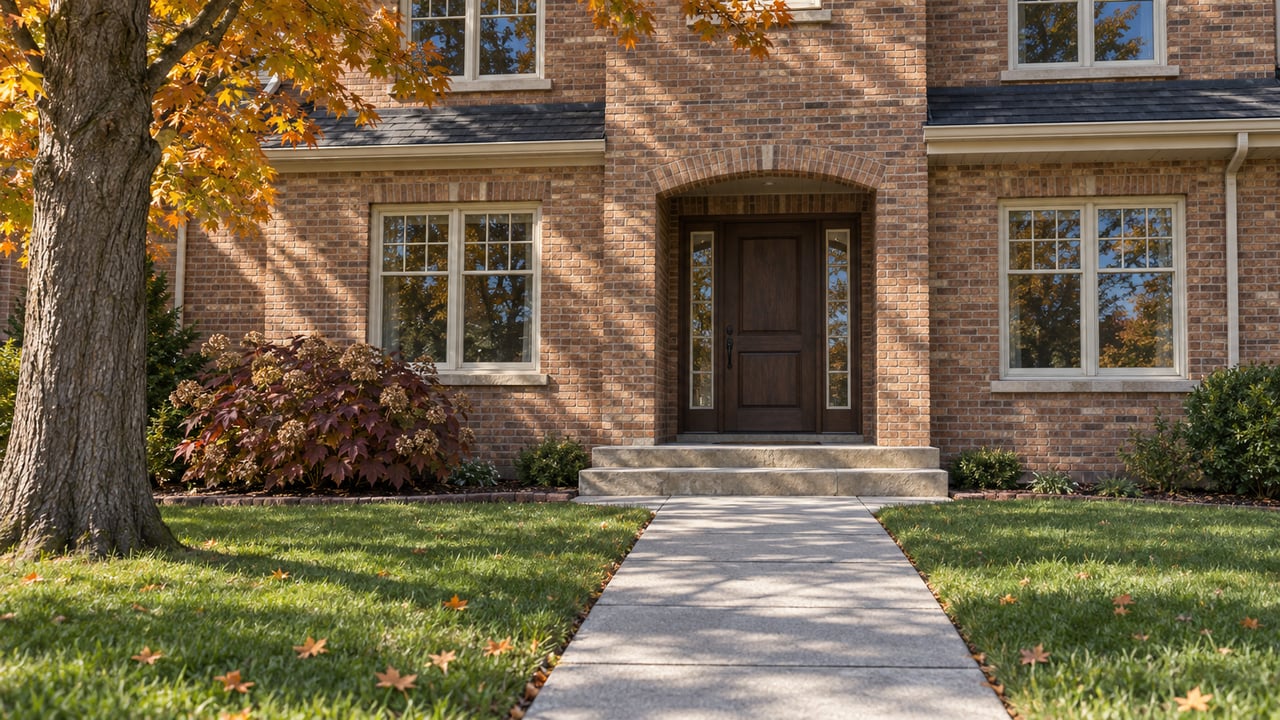 Autumn sunlight on a brick home's recessed oak entrance, with a concrete approach, broad lawn and amber sugar maple foliage.