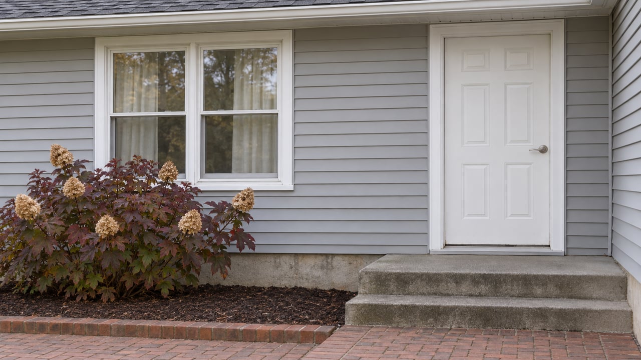 Light-gray sided home with a paired white window, closed white front door, brick approach and an oakleaf hydrangea in autumn color.