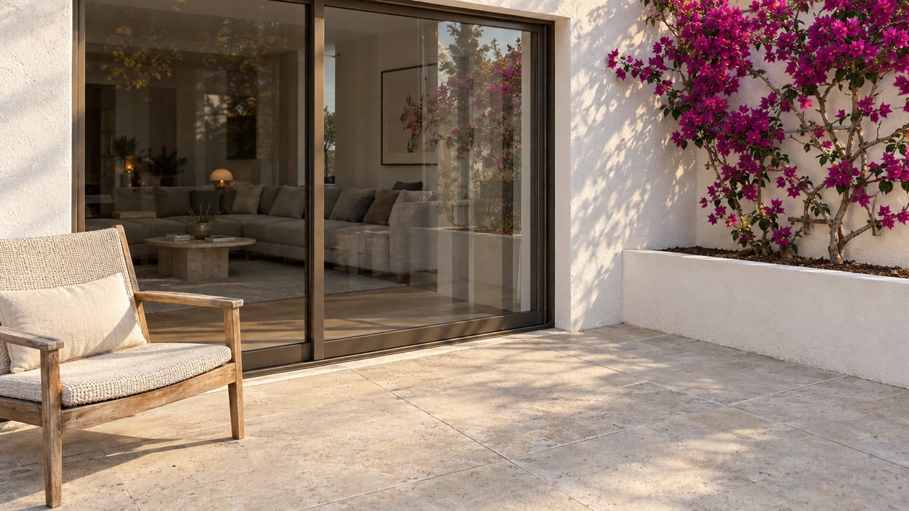 Sunlit apartment terrace with white stucco, closed bronze-framed glass doors, a teak lounge chair and magenta bougainvillea in a raised masonry bed.