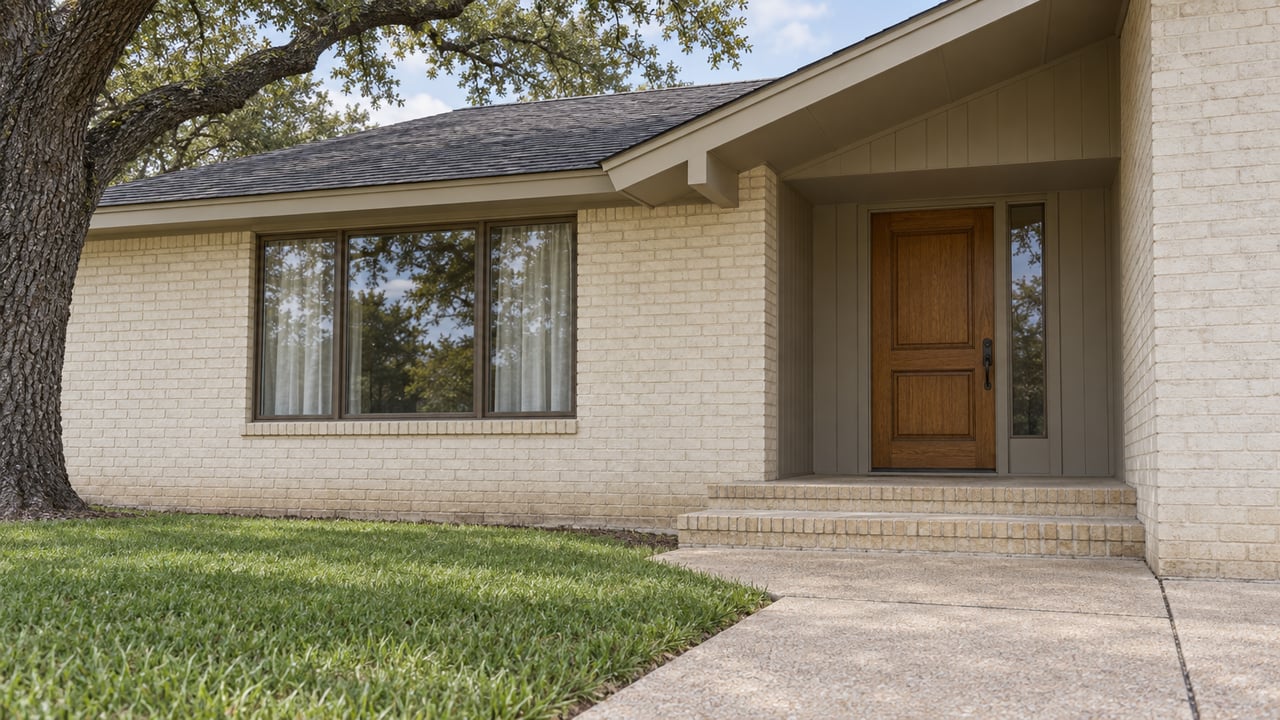 An ivory painted-brick home with a recessed oak entrance, bronze-framed window, shallow porch steps and a mature bur oak beside the lawn.