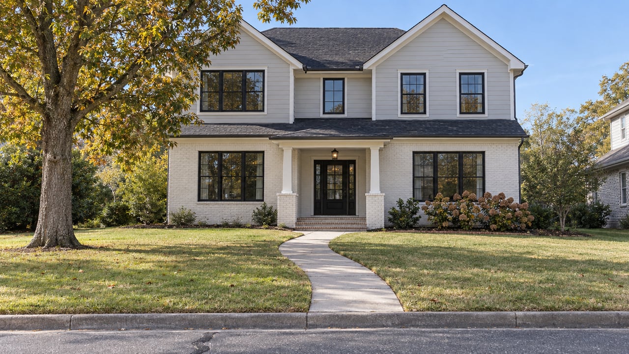A light-painted gabled home with black-framed windows and a recessed porch beyond a deep lawn, with a mature oak and autumn oakleaf hydrangeas.