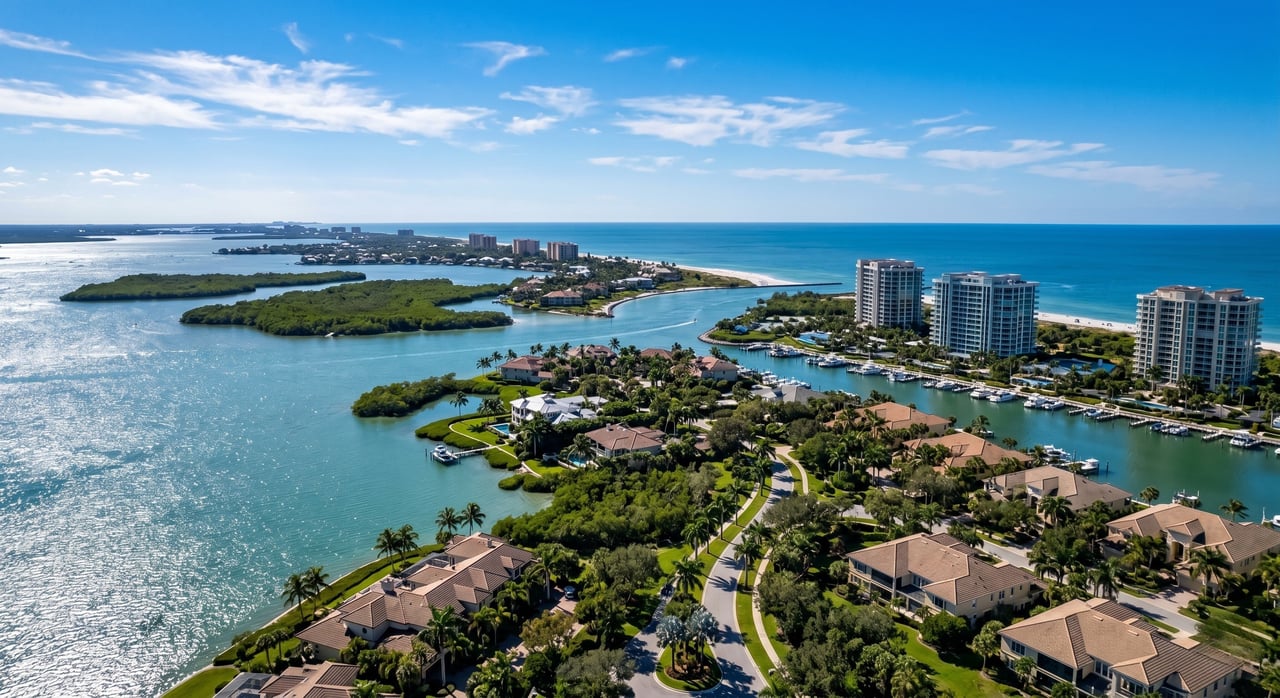 Aerial drone view of Bonita Springs real estate, overlooking luxury waterfront high-rise condos and single-family estates near Estero Bay and the Gulf of Mexico on a sunny afternoon.
