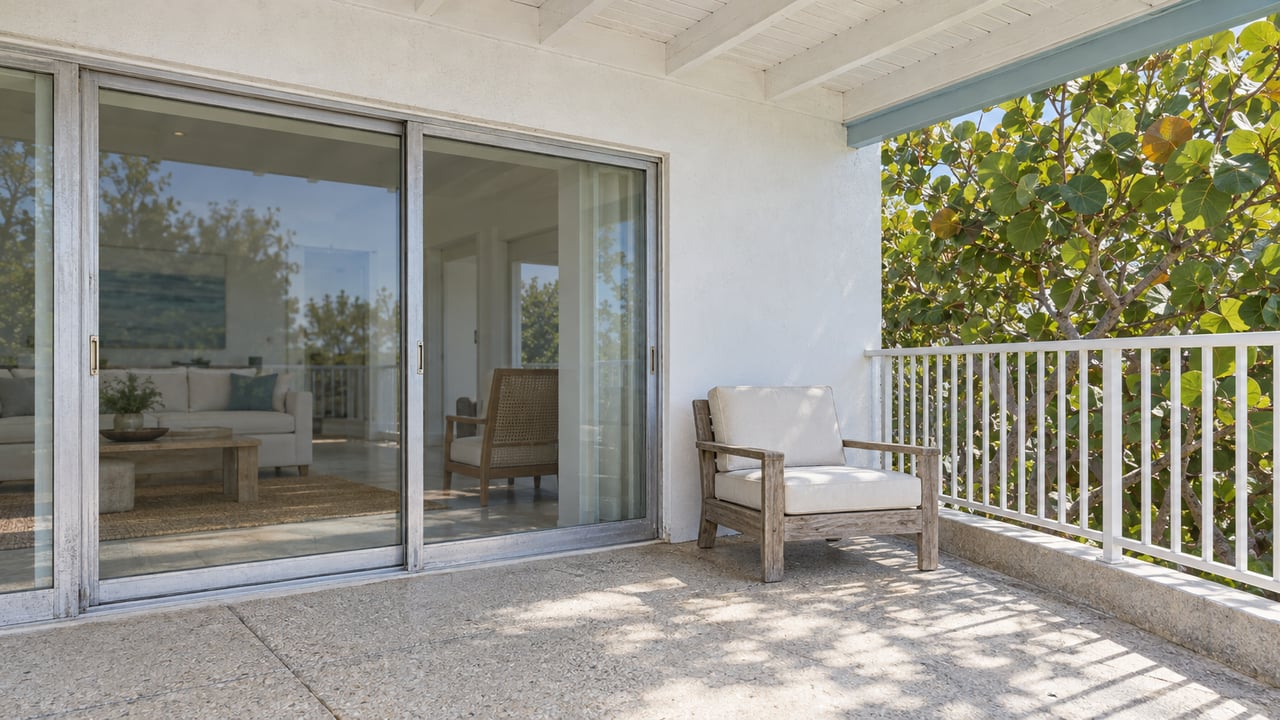 Sunlit covered terrace with white concrete walls, closed sliding glass doors, a weathered teak chair and a sea grape canopy beside the balcony.