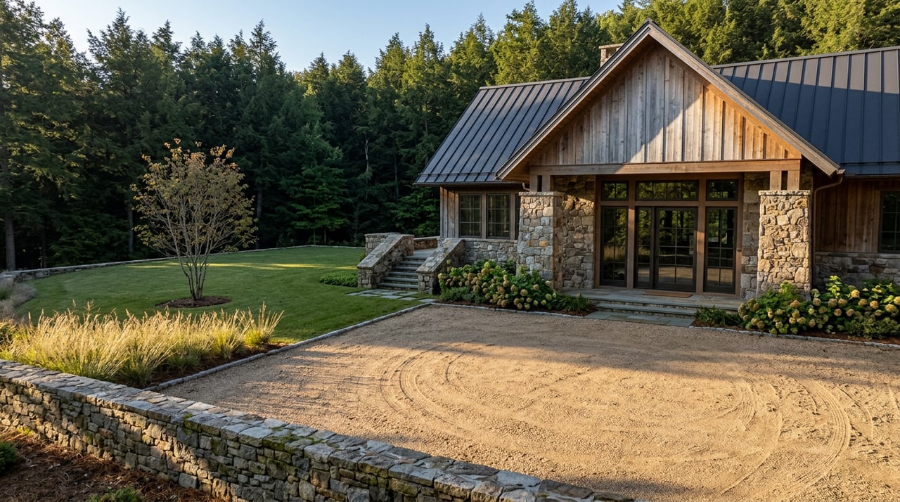 Gabled timber-and-stone lodge above a gravel motor court, bordered by a stone wall and hemlocks.