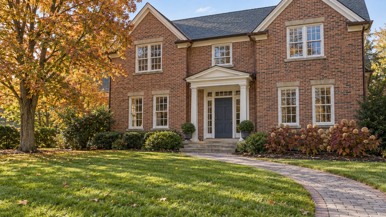 Traditional two-story brick home behind a deep lawn, with limestone entry steps and an autumn maple.