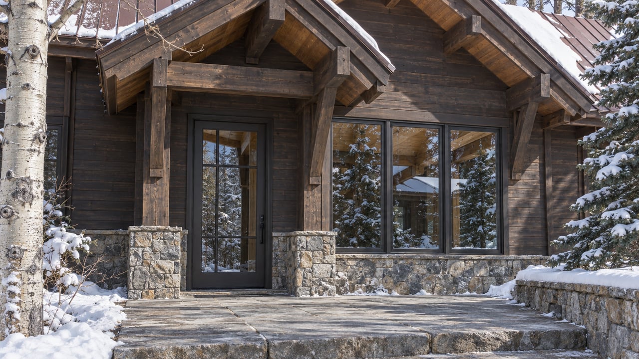 Snow rests on the pitched roof of a dark timber home above a cleared stone entrance landing, framed by an aspen and spruce.