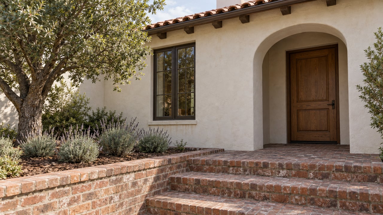 Stucco home entry with an arched porch, wooden door, and brick steps.