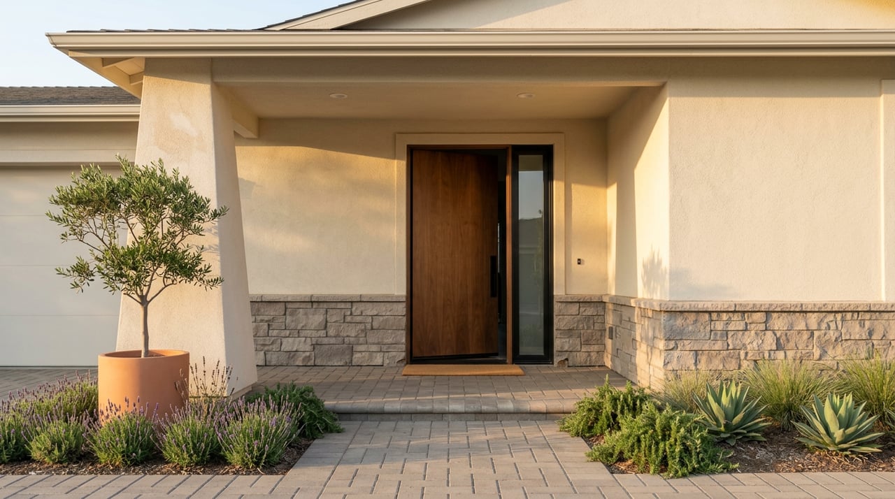 Suburban entry with a slightly ajar walnut door, black-framed sidelight, stucco column, paver walkway, and leafy plantings.