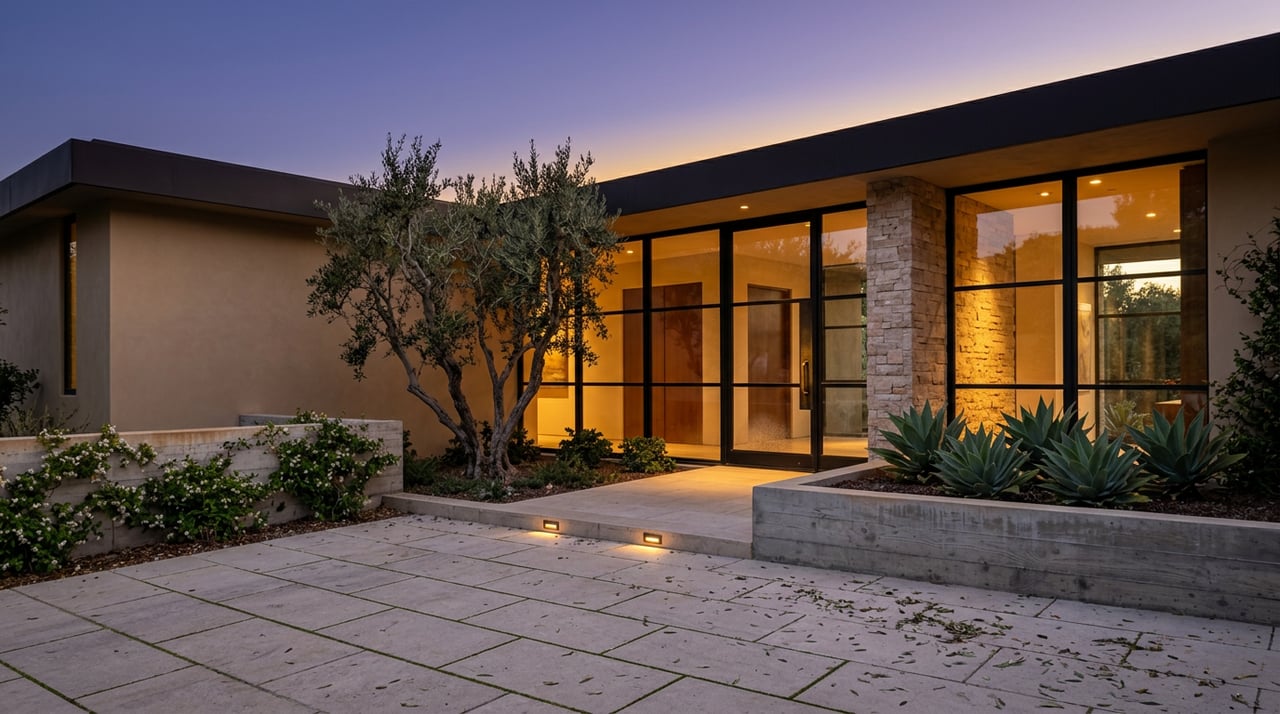 Hillside estate entry with glowing glass doors, a stone wall, olive tree, and fallen leaves across the paved motor court.
