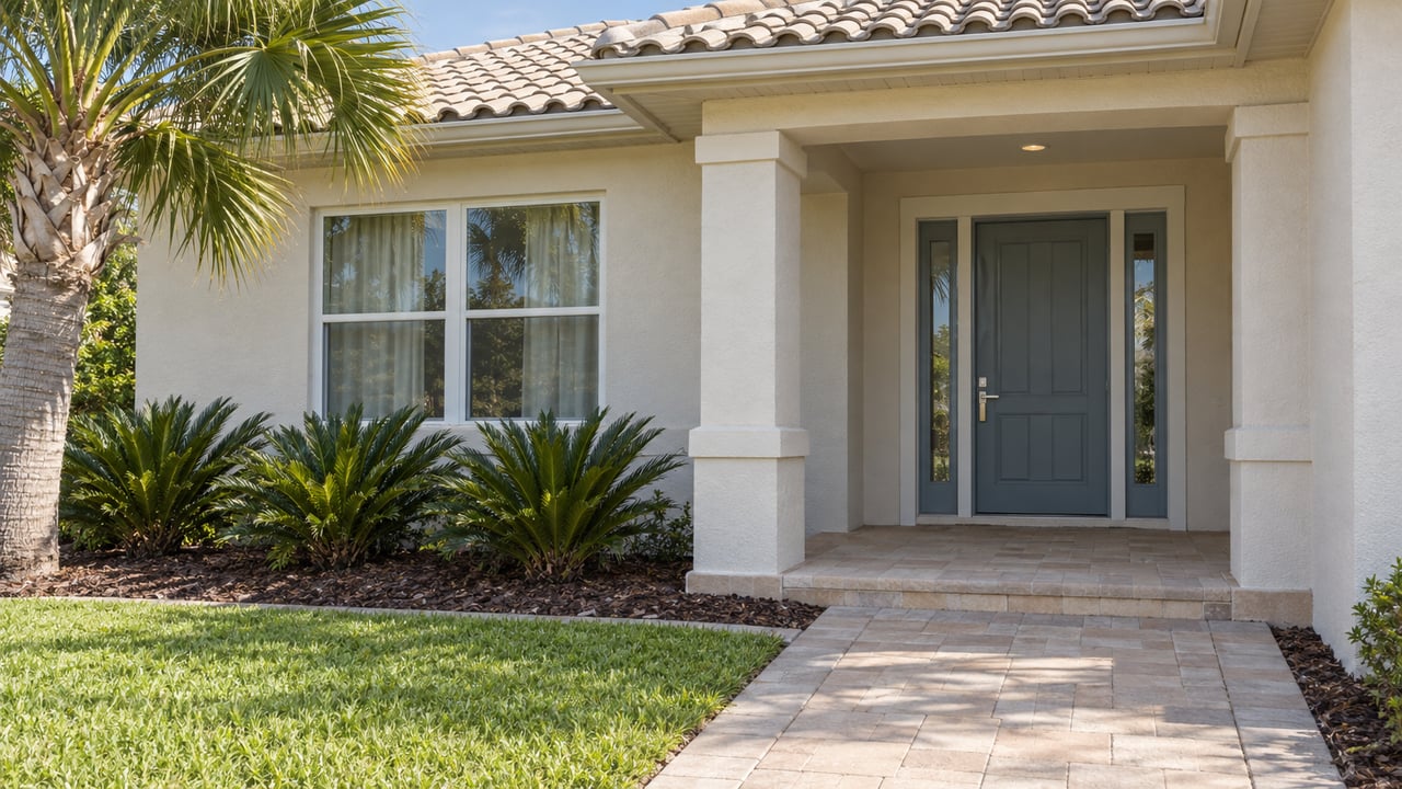 Ivory stucco home with a pale tiled hip roof, blue-gray front door, shaded paver porch and curated native planting.
