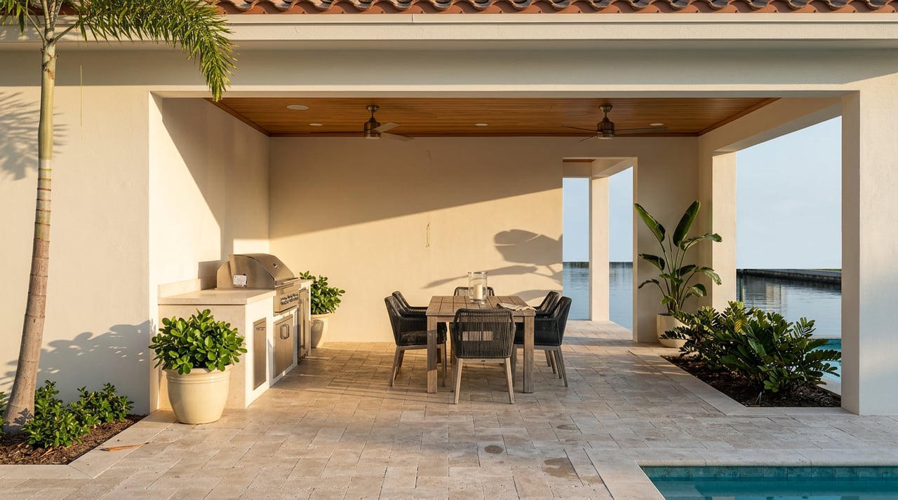 Covered pavilion with a teak dining table, summer kitchen, turquoise pool, and a narrow canal view.