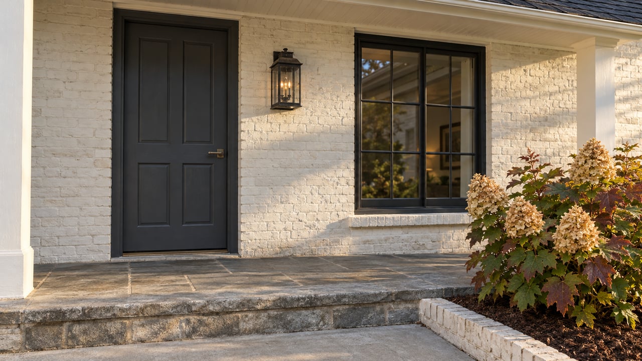 Off-white painted brick entry with a charcoal door, black-framed window, gray stone steps and an oakleaf hydrangea.