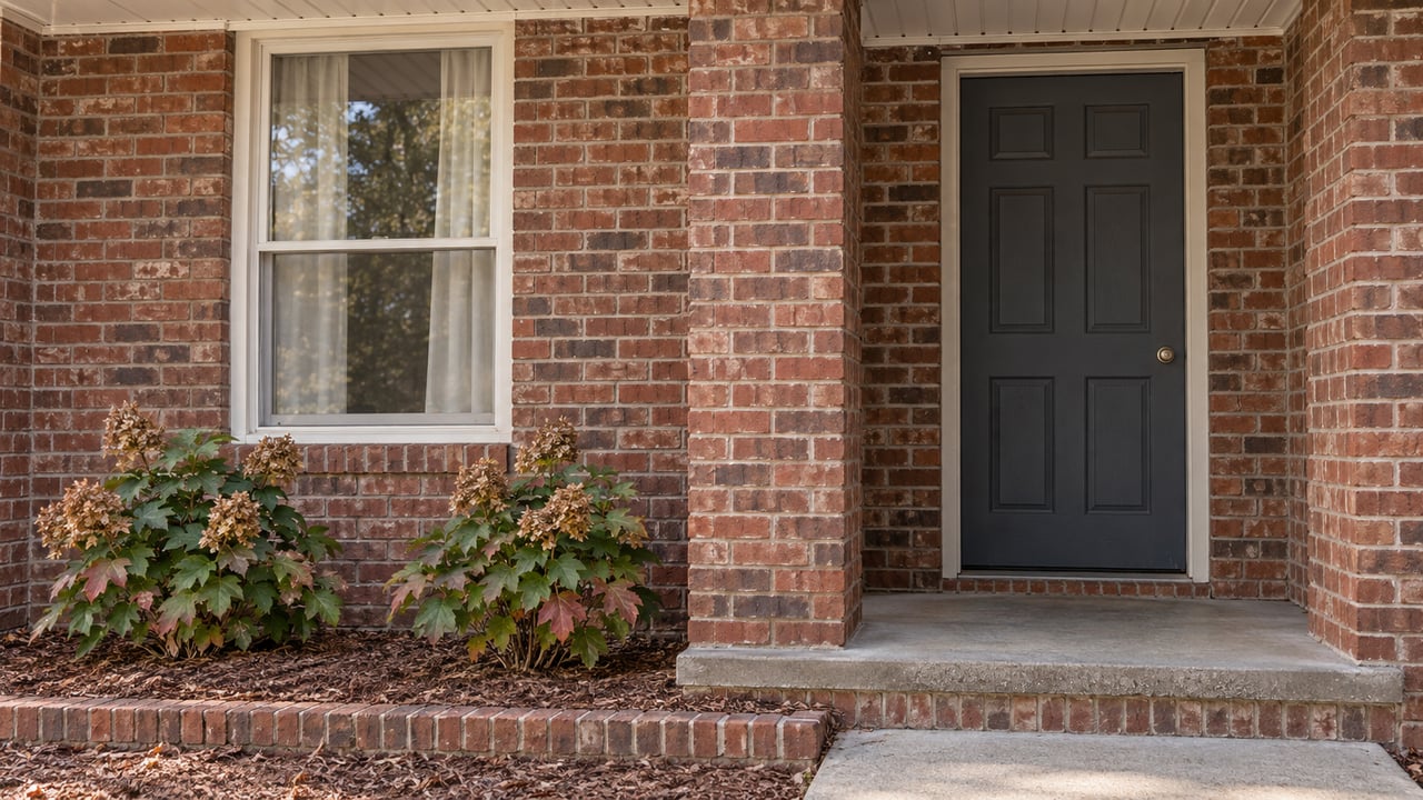 Close view of a red-brown brick home's covered entry, cream window, charcoal door, and oakleaf hydrangeas beneath the sill.