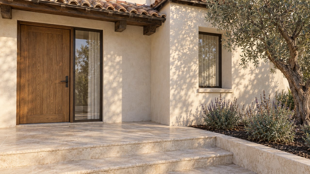 Cream-rendered home entrance with an oak door, clay-tile eave, limestone steps, and a mature olive tree in afternoon light.