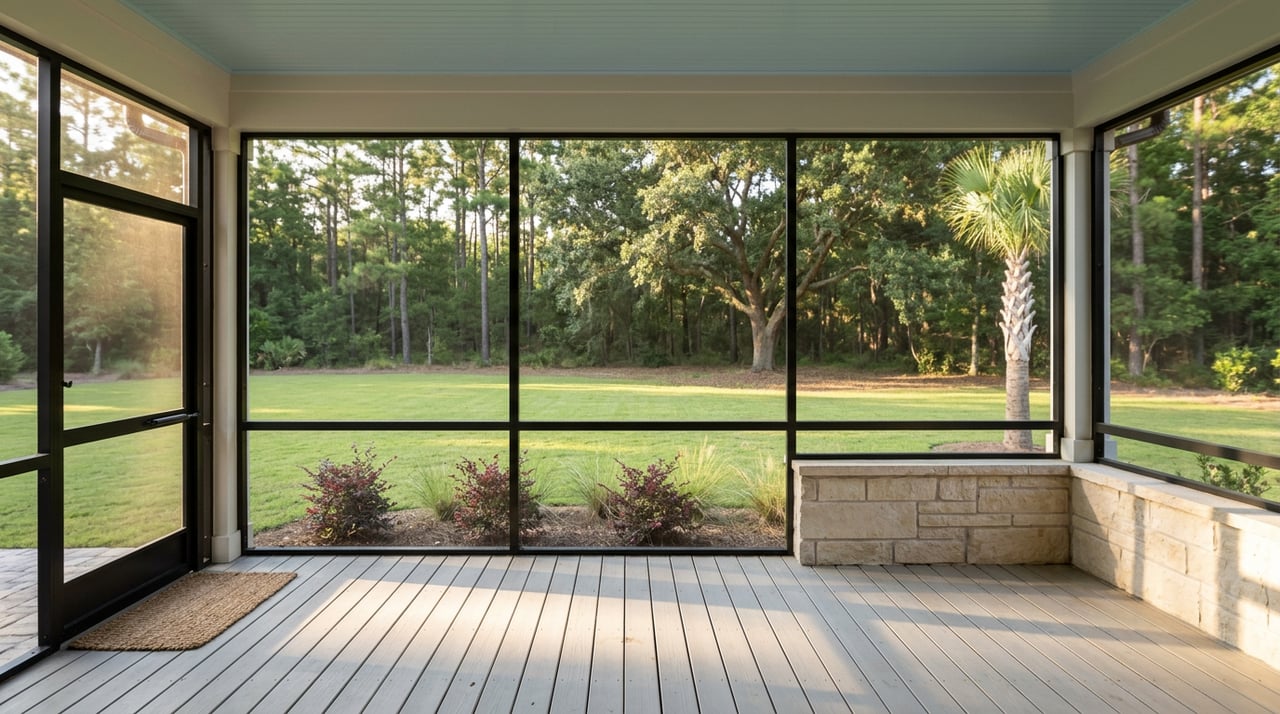 Screened porch with a stone knee wall overlooking a manicured turf corridor and dense tree line.