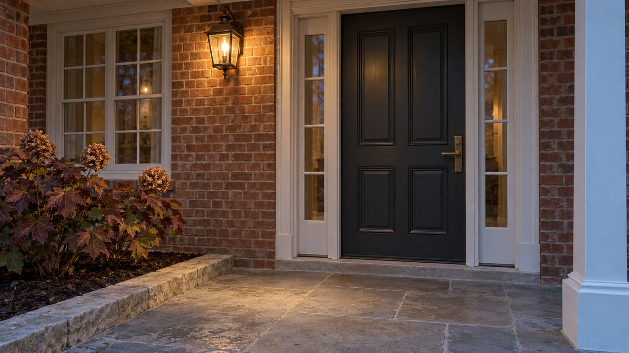 A brick home's sheltered entry at dusk, with a dark paneled door, matching sidelights, limestone paving and autumn oakleaf hydrangea.