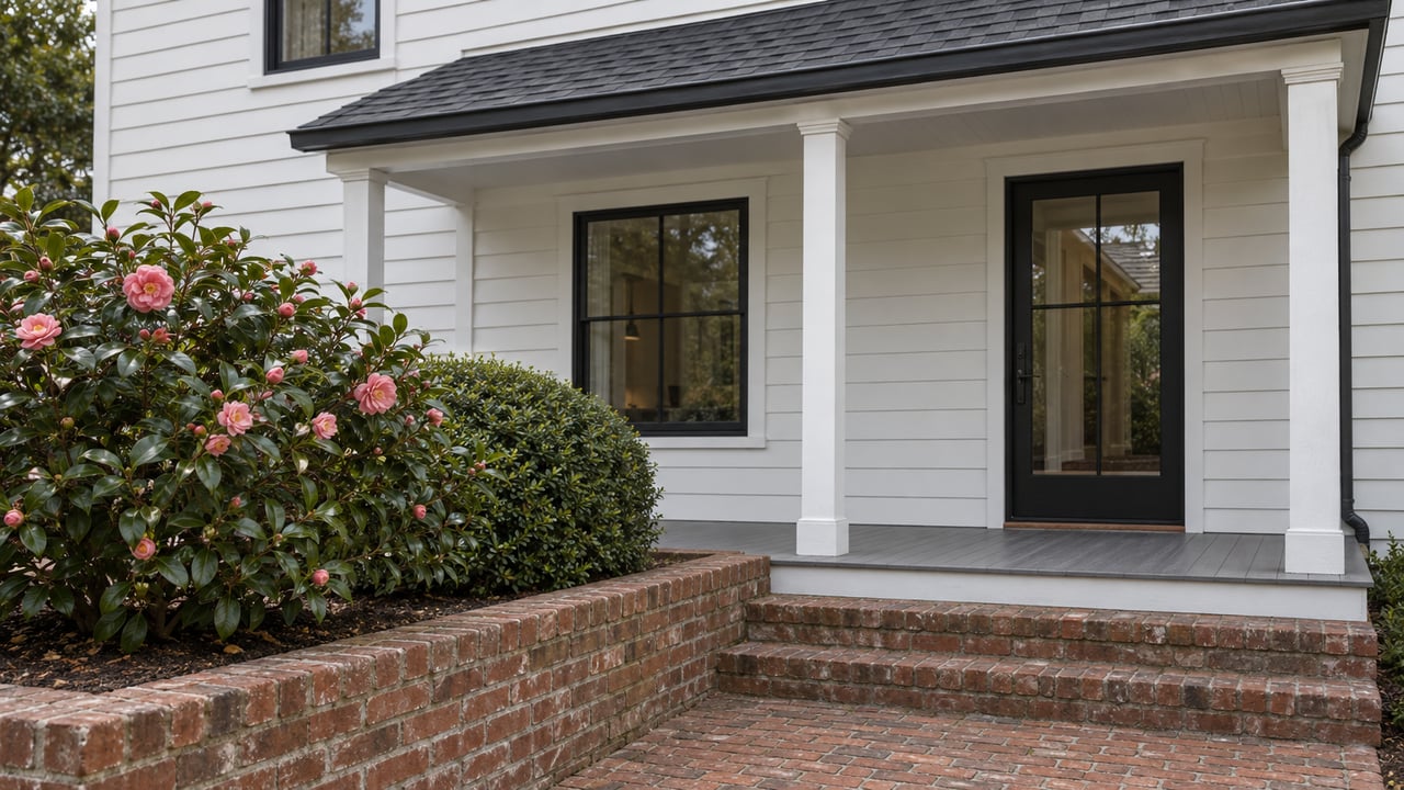 White clapboard house with a recessed black-framed entry, brick steps, and a camellia in a raised bed.