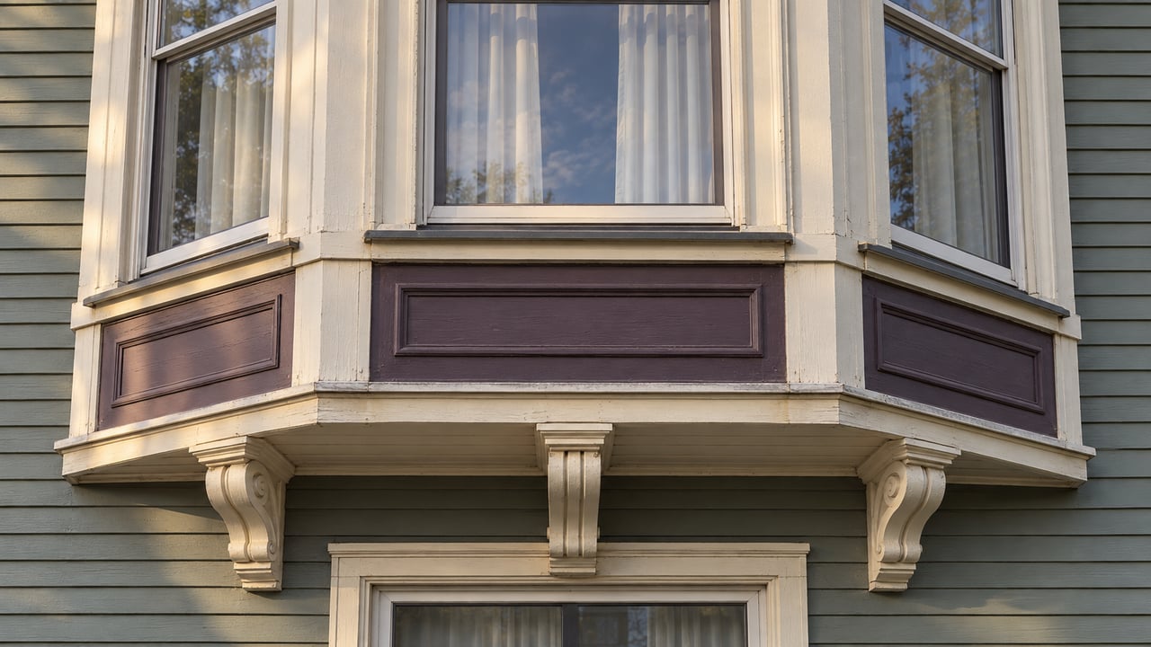 Bay window with cream trim, plum panels, and ornate brackets on a blue-gray house.