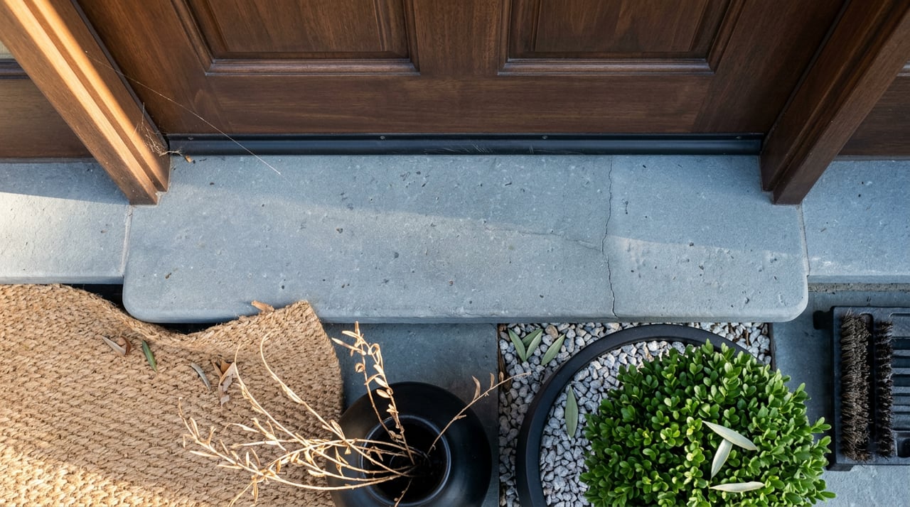 Walnut door above a bluestone threshold, coir mat, dried stems, clipped boxwood, and a black boot scraper.