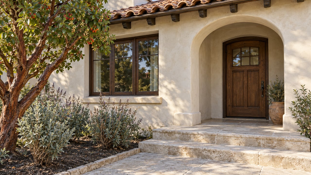 Sunlit arched entry of a plaster house with clay roof tiles, an oak door, limestone steps and sculptural planting.