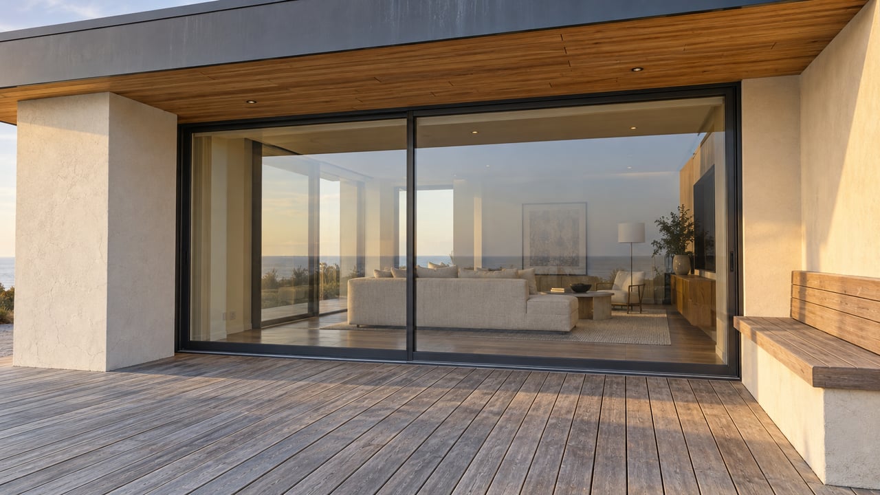 A contemporary home's closed glass living-room wall opens visually onto a weathered teak terrace beneath a cedar-lined roof overhang.